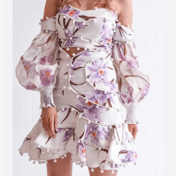 Skirt Set Floral pom pom trim Bodice off shoulder sheer sleeve crop top purple - Picture 15 of 15